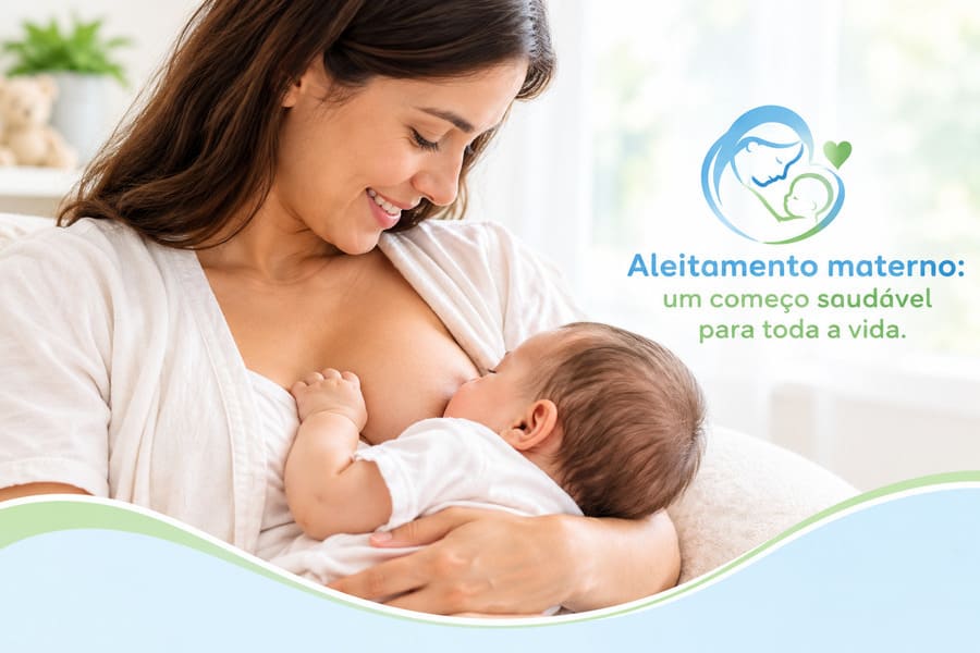 Mãe amamentando seu bebê, ilustrando a importância do aleitamento materno para a saúde e o desenvolvimento infantil.